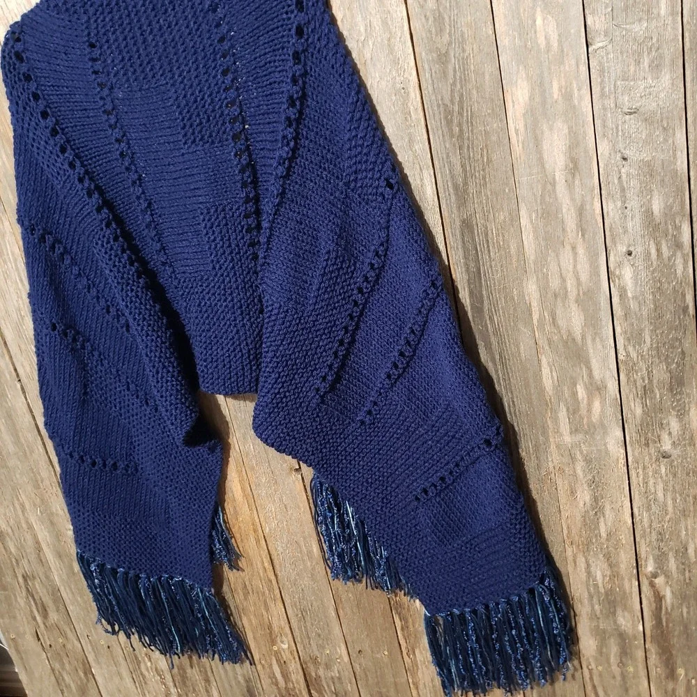NEW Navy Blue Hand Knitted Shawl Wrap Scarf Eyelet Boho Coastal Glam Artsy Indie
